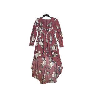 Promesa Floral Long-Sleeve High-Low Romper Dress Burgundy & White Size M